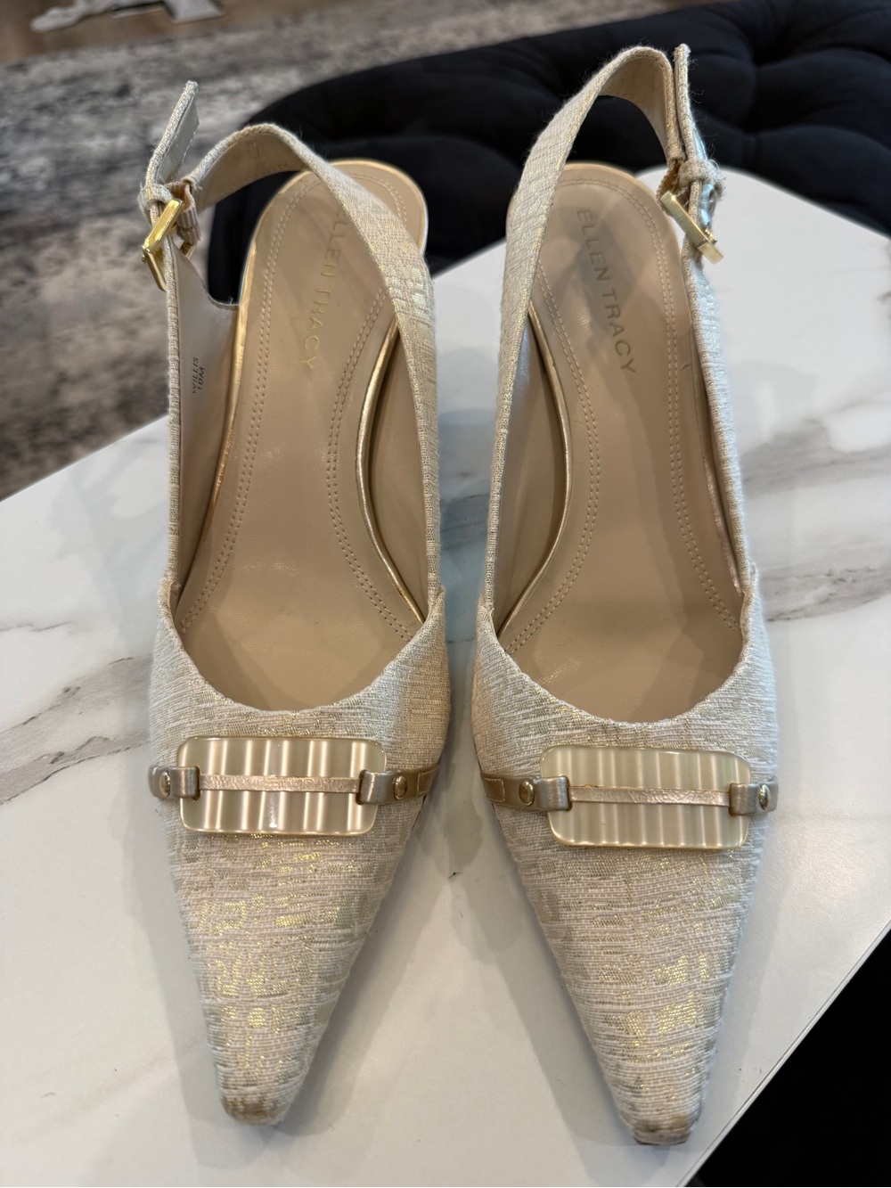 Ellen Tracy Cream Textured Pointed-Toe Slingback Heels with Gold Accent